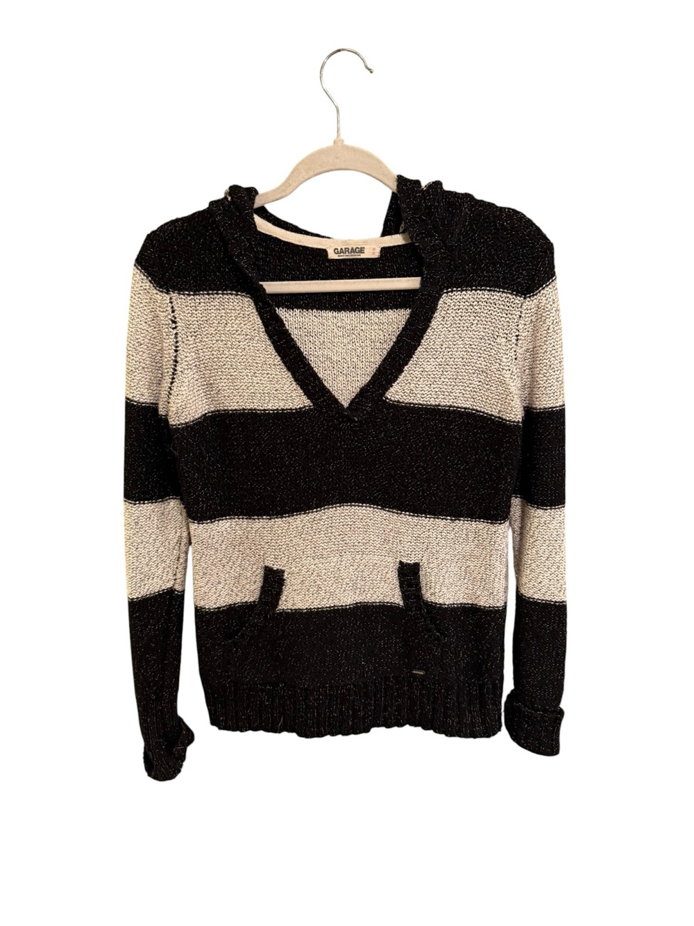 Garage Black & Cream Perfect Cotton Blend Striped V-Neck Hoodie Sweater - Size M